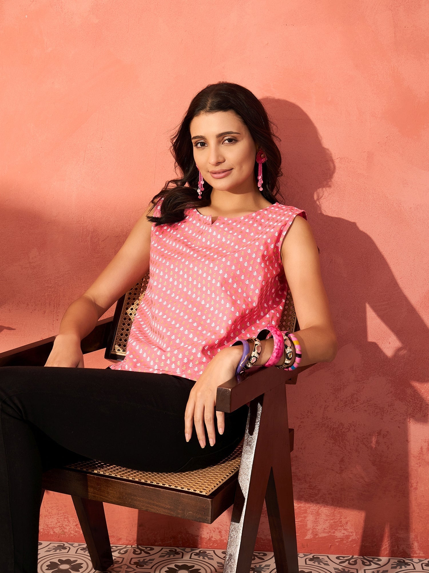 InWeave Pink White Gold Dot Print W/S Top