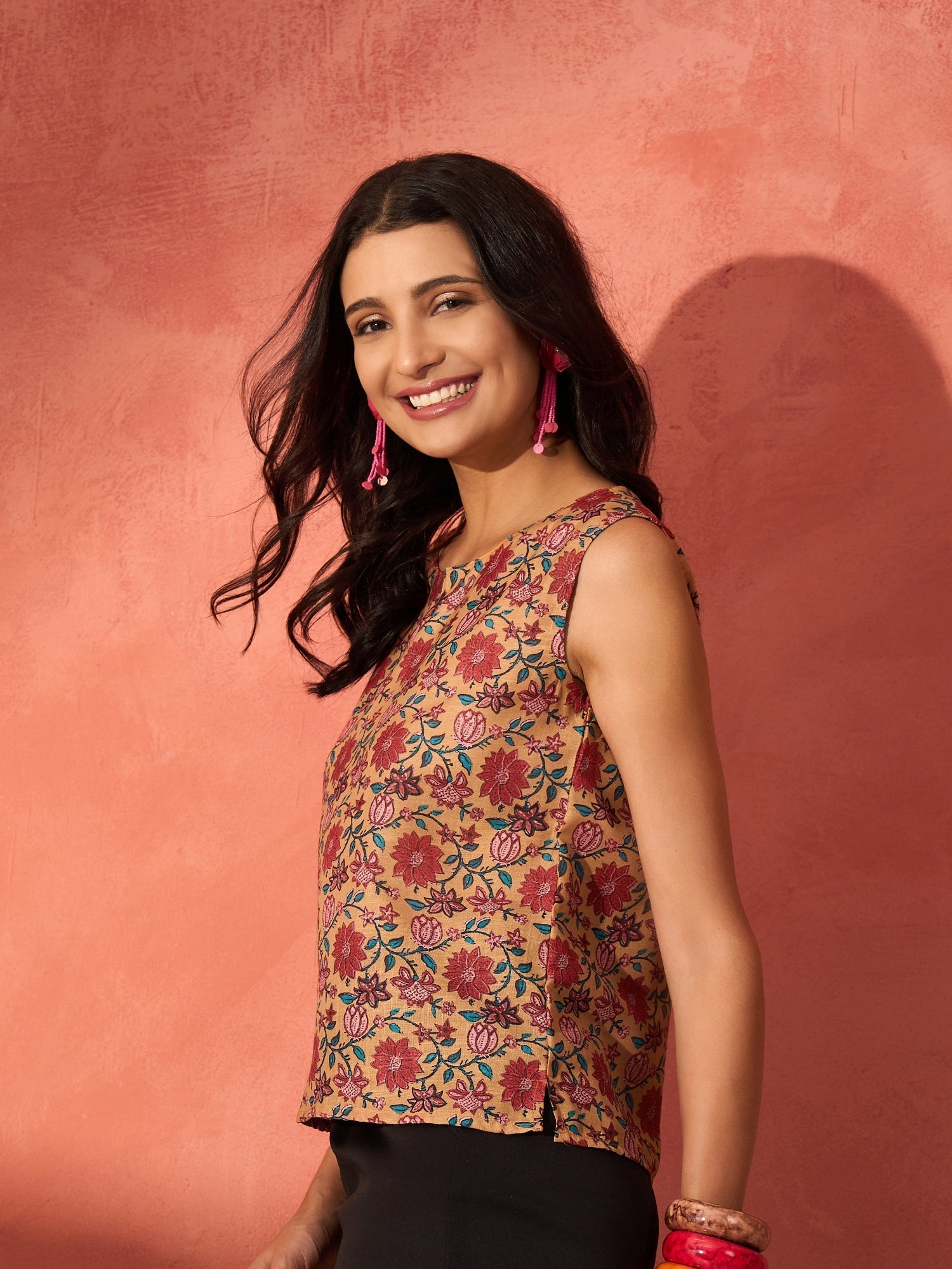 InWeave Mustard Orange Floral Jaal Print W/S Top