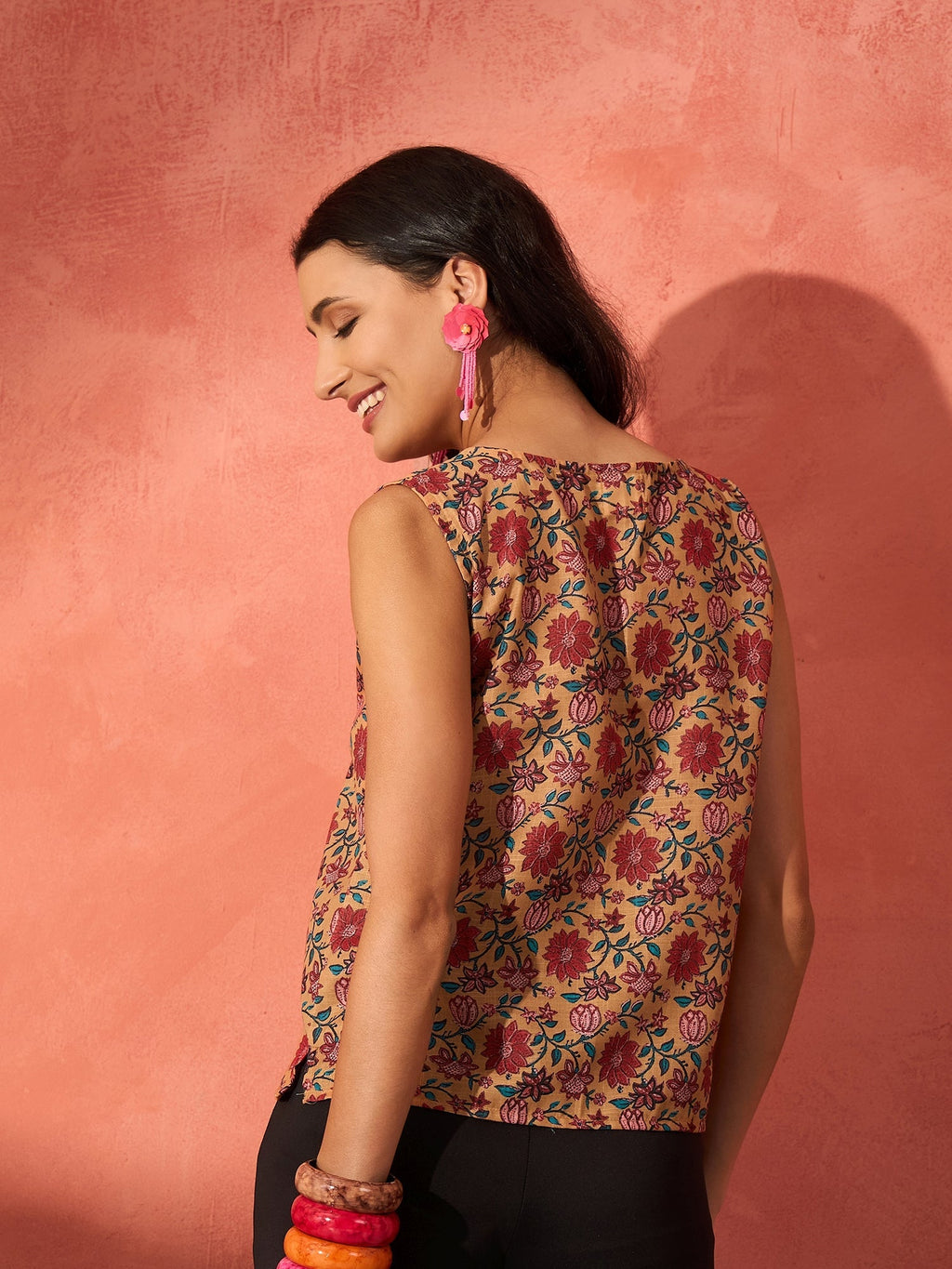 InWeave Mustard Orange Floral Jaal Print W/S Top
