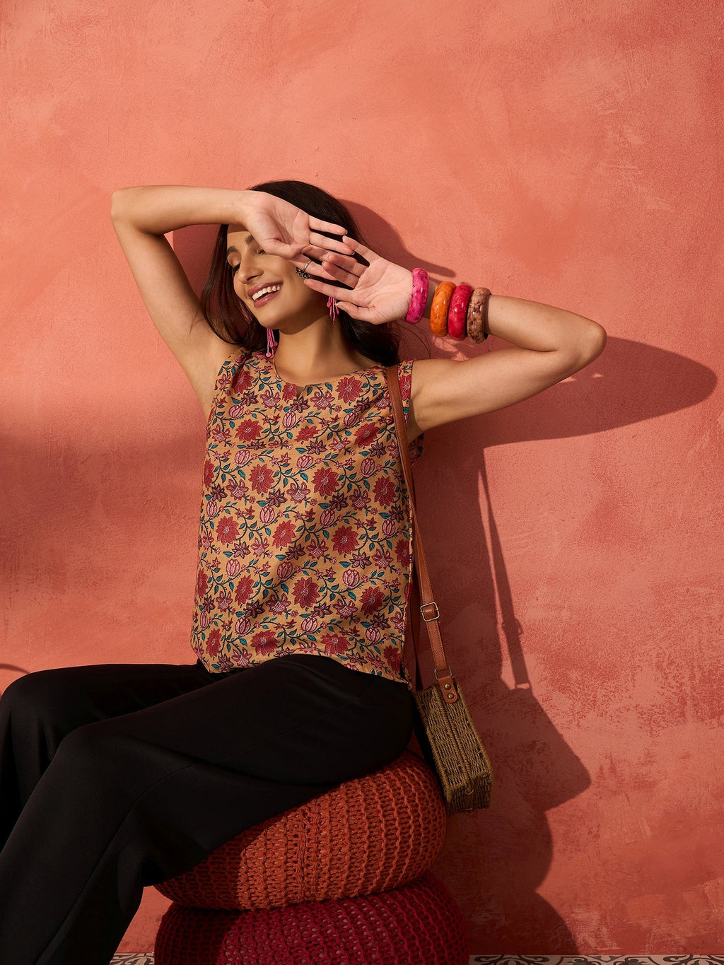 InWeave Mustard Orange Floral Jaal Print W/S Top