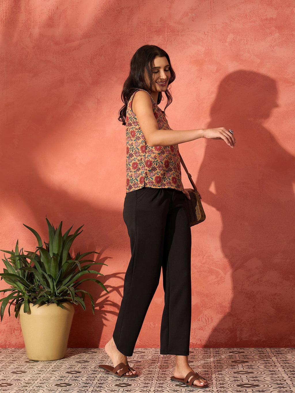 InWeave Mustard Orange Floral Jaal Print W/S Top