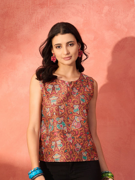 InWeave Rust Bird Jaal Print W/S Top