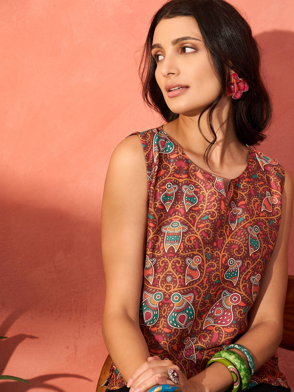 InWeave Rust Bird Jaal Print W/S Top