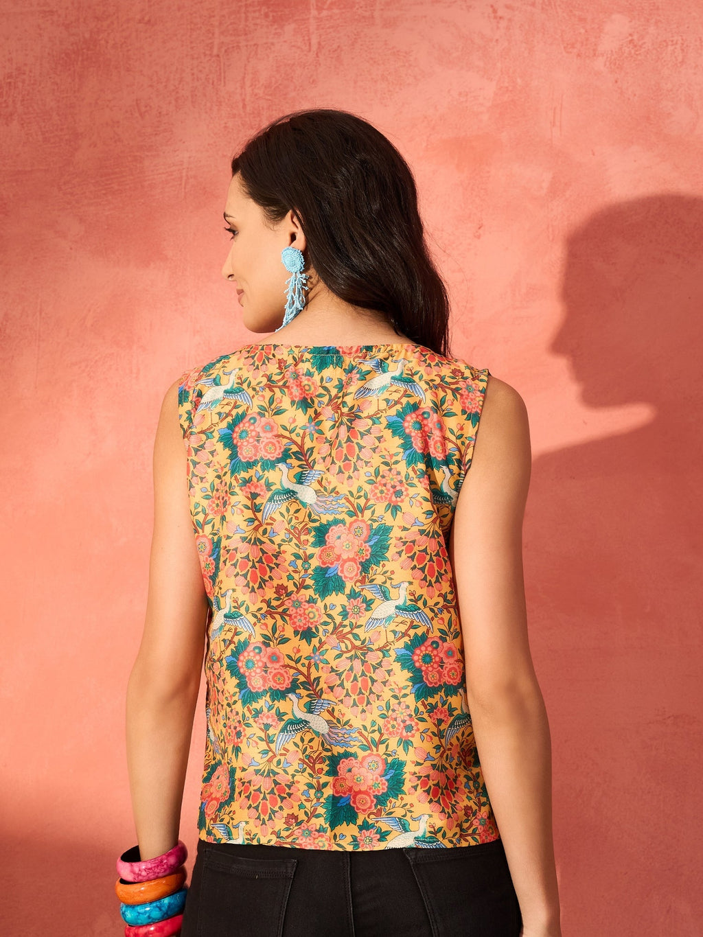 InWeave Corn Yellow Bird Floral Print W/S Top