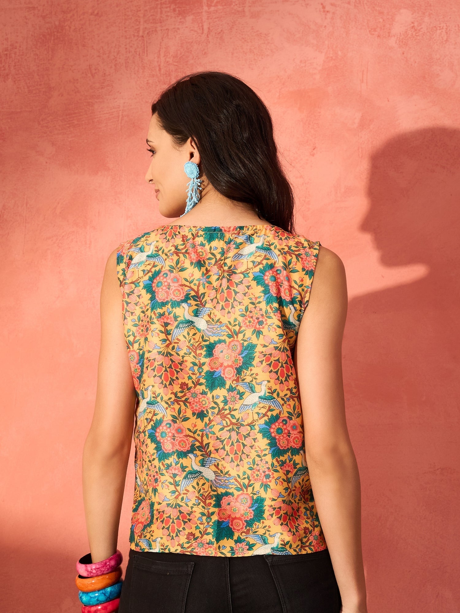 InWeave Corn Yellow Bird Floral Print W/S Top