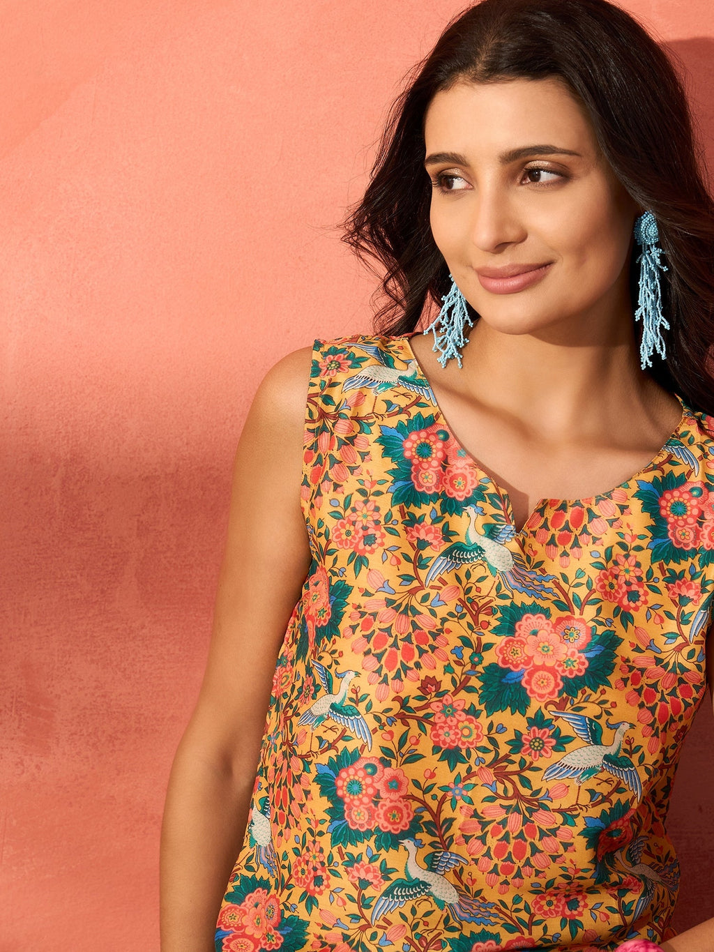 InWeave Corn Yellow Bird Floral Print W/S Top