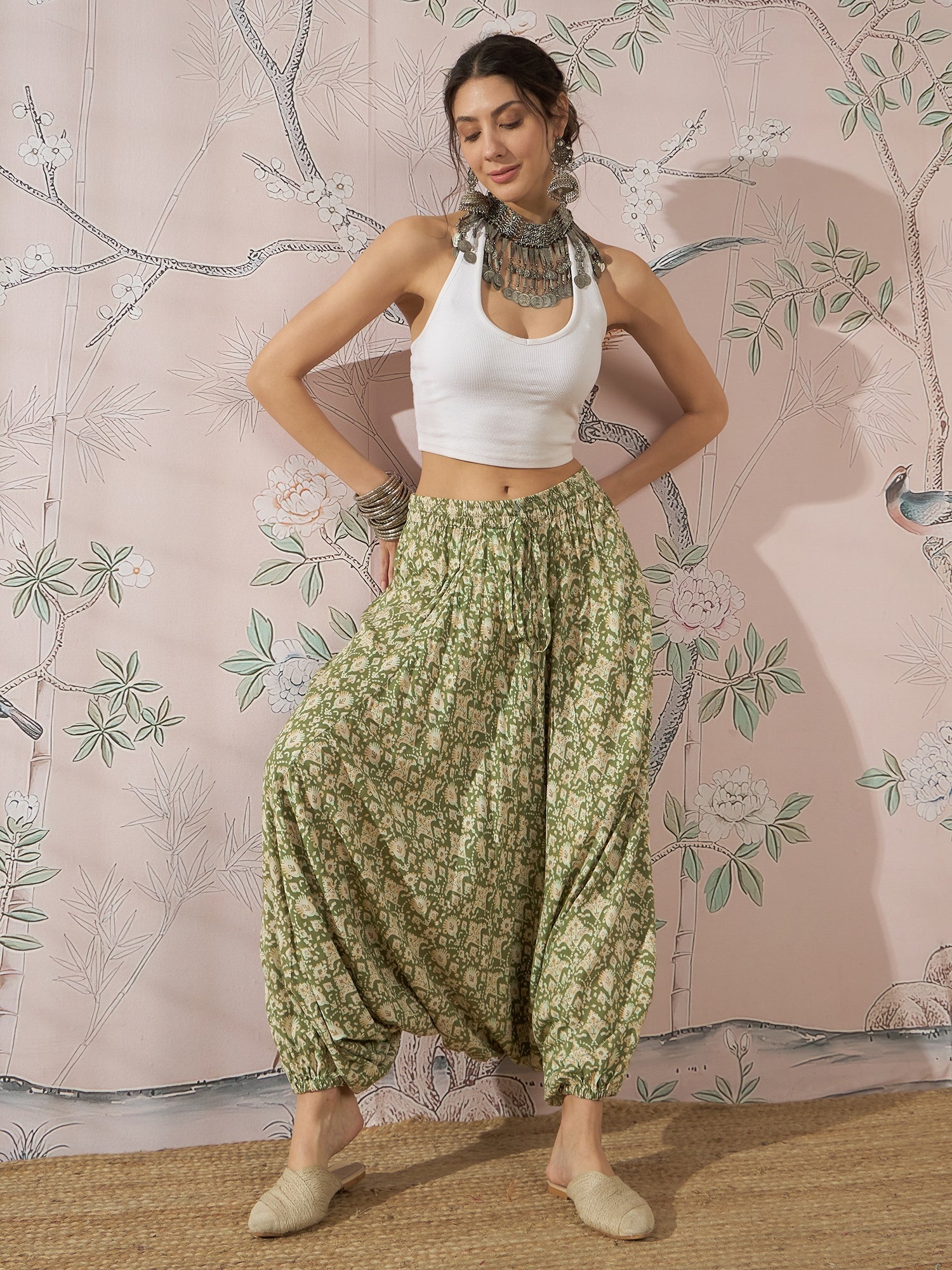 InWeave Apple Green Ikkat Print Harem Pant