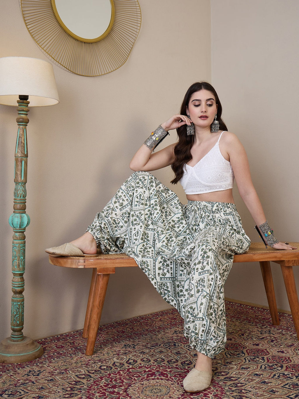 InWeave Sea Green Ethnic Window Harem Pant