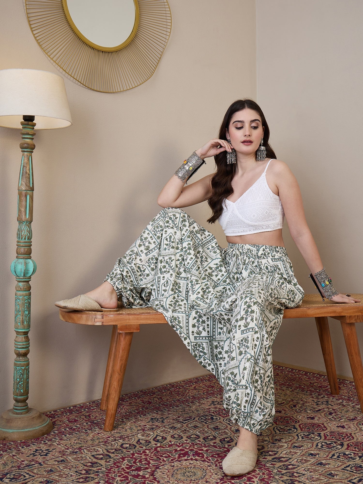 InWeave Sea Green Ethnic Window Harem Pant