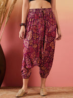 InWeave Wine Maroon Leaf Print Foil Harem Pant