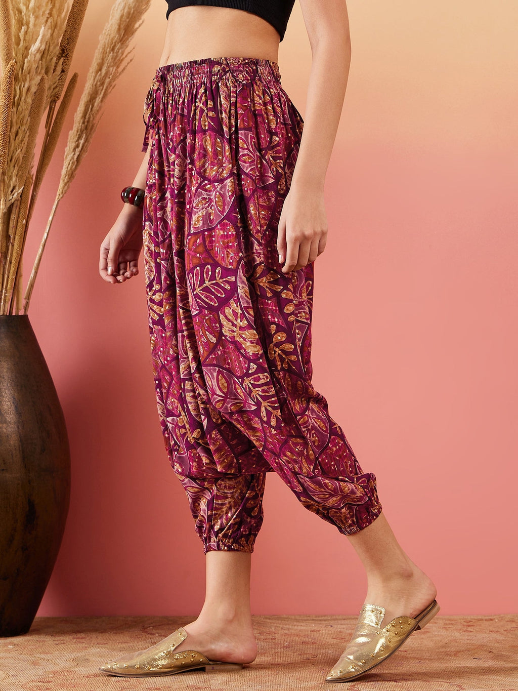 InWeave Wine Maroon Leaf Print Foil Harem Pant