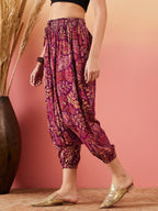 InWeave Wine Maroon Leaf Print Foil Harem Pant