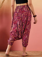 InWeave Wine Maroon Leaf Print Foil Harem Pant