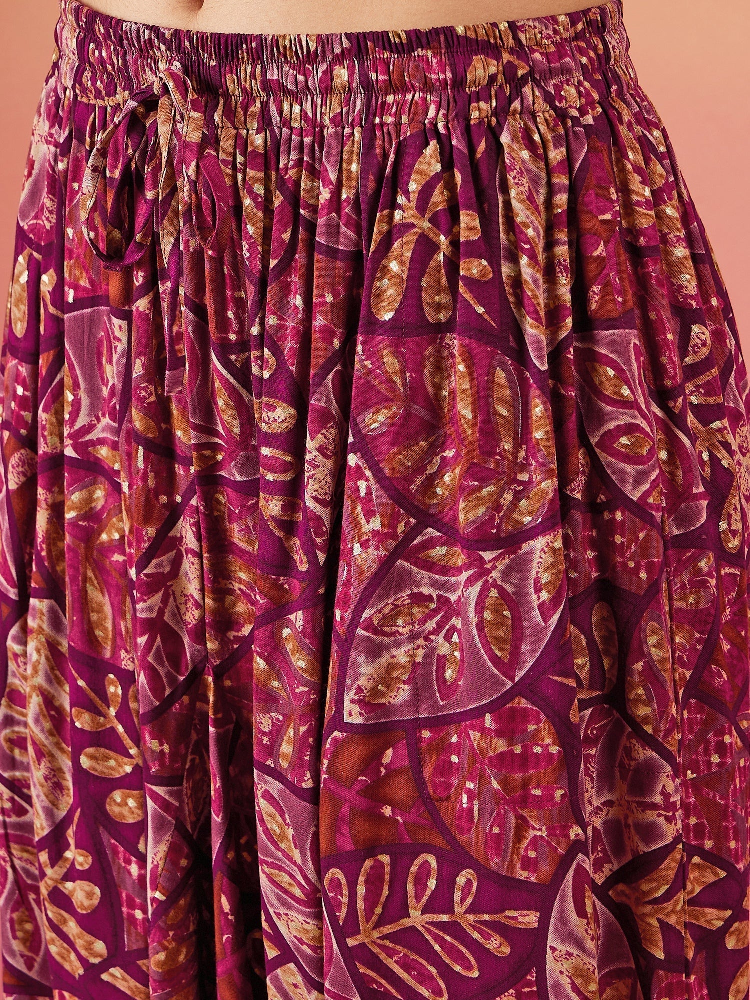 InWeave Wine Maroon Leaf Print Foil Harem Pant