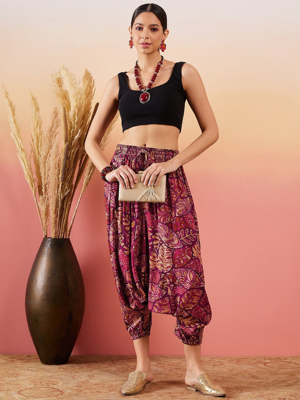 InWeave Wine Maroon Leaf Print Foil Harem Pant