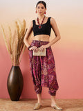 InWeave Wine Maroon Leaf Print Foil Harem Pant