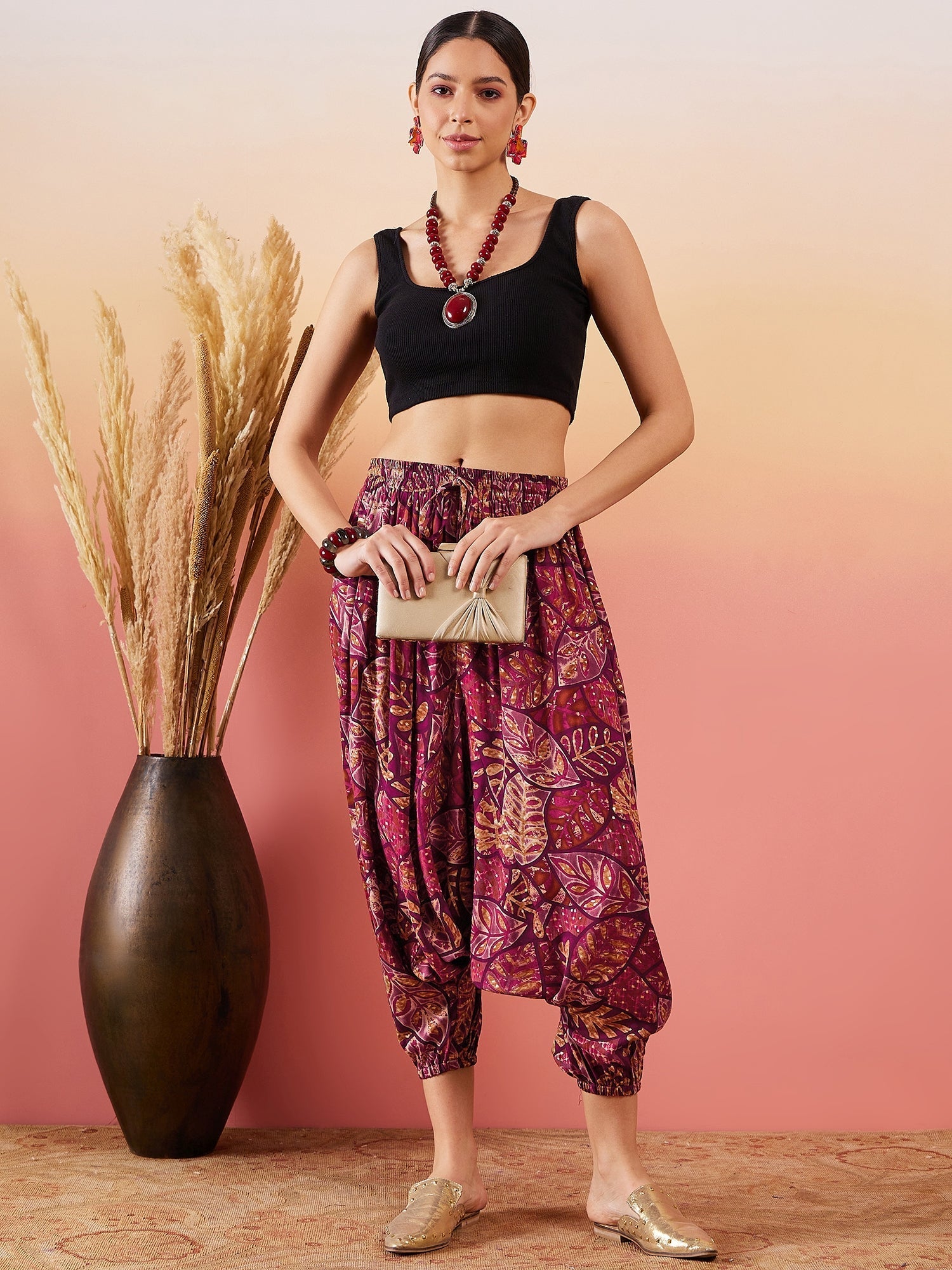 InWeave Wine Maroon Leaf Print Foil Harem Pant