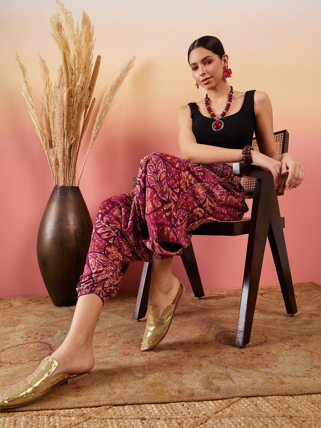 InWeave Wine Maroon Leaf Print Foil Harem Pant