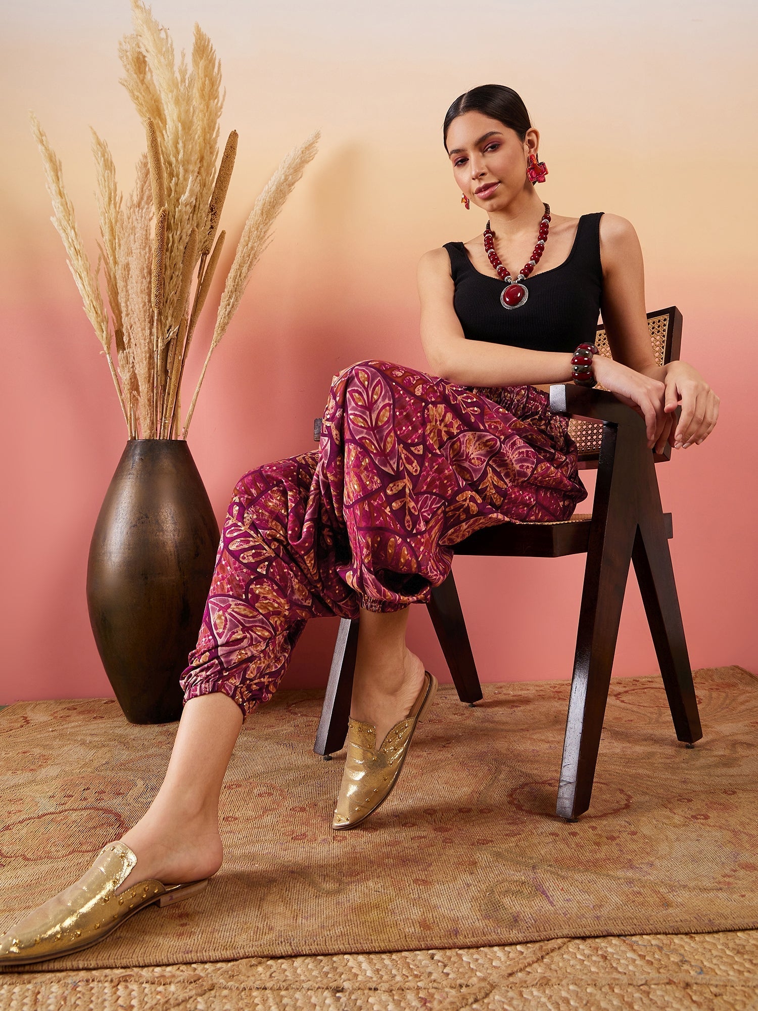 InWeave Wine Maroon Leaf Print Foil Harem Pant
