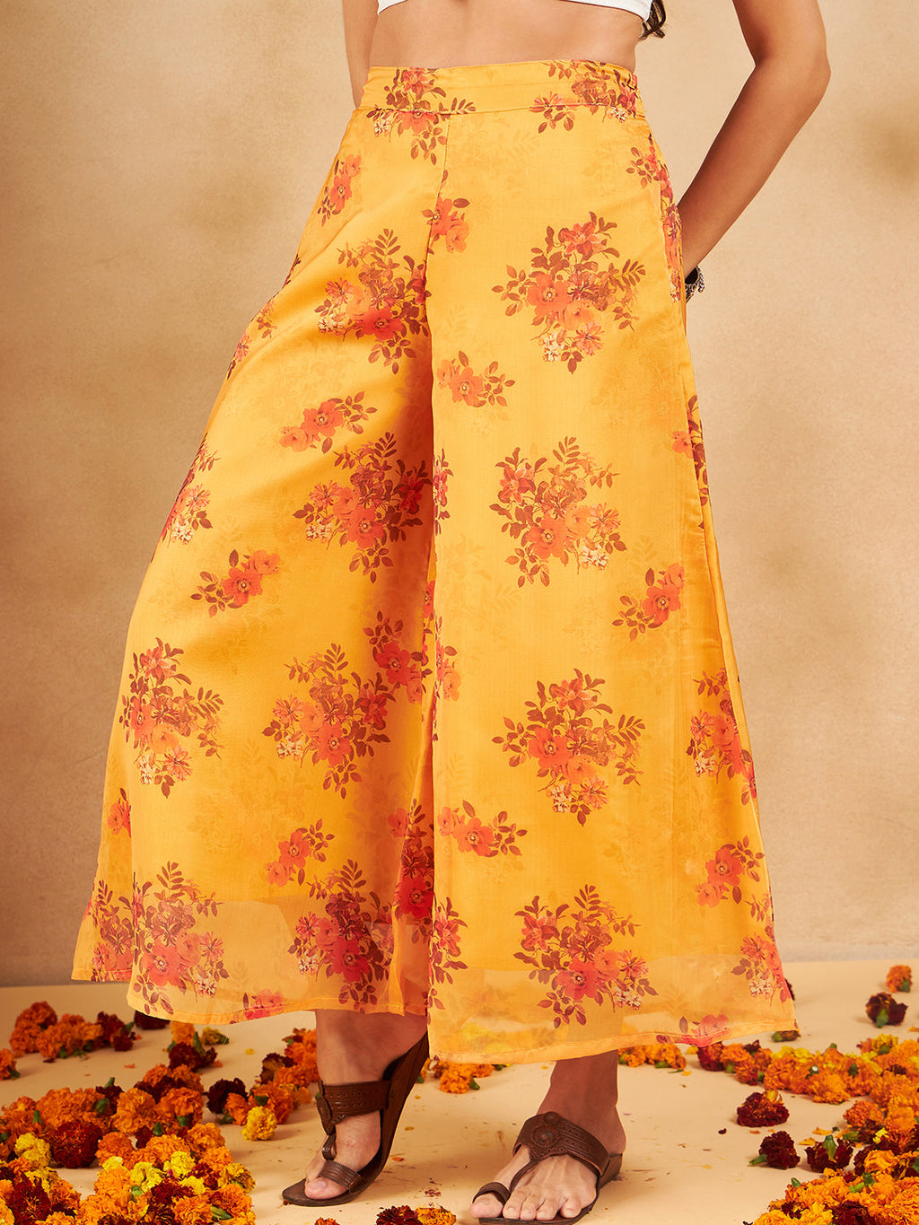 InWeave Mustard Rose Printed Organza Palazzo