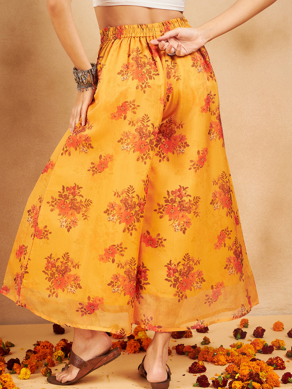 InWeave Mustard Rose Printed Organza Palazzo