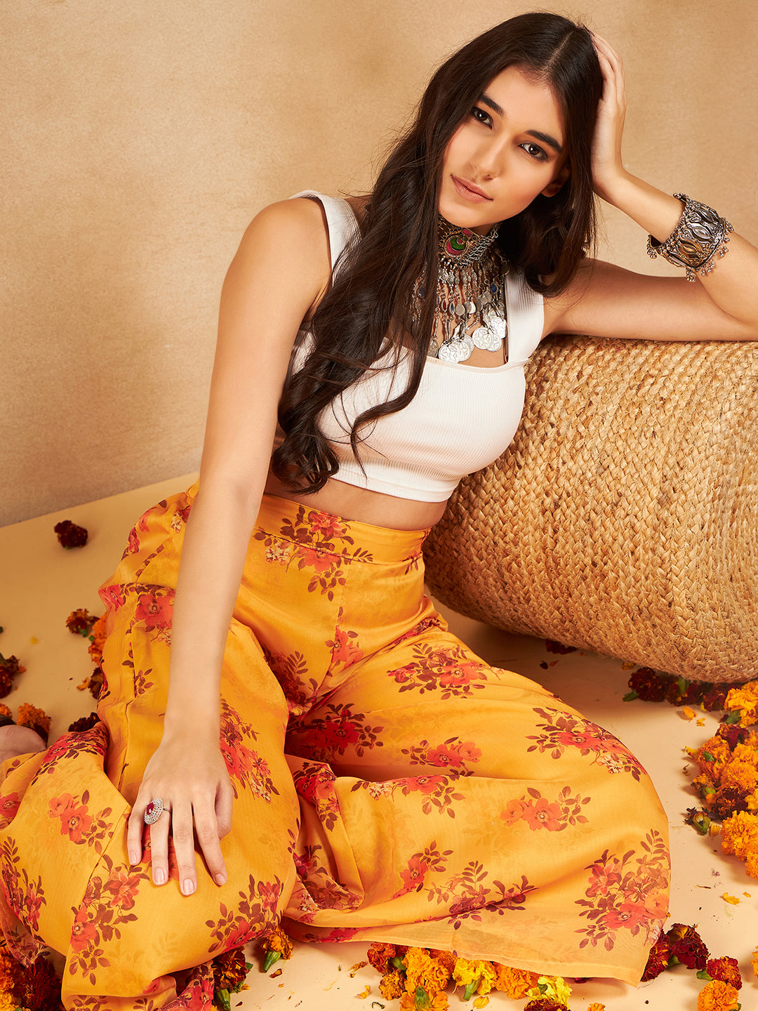 InWeave Mustard Rose Printed Organza Palazzo