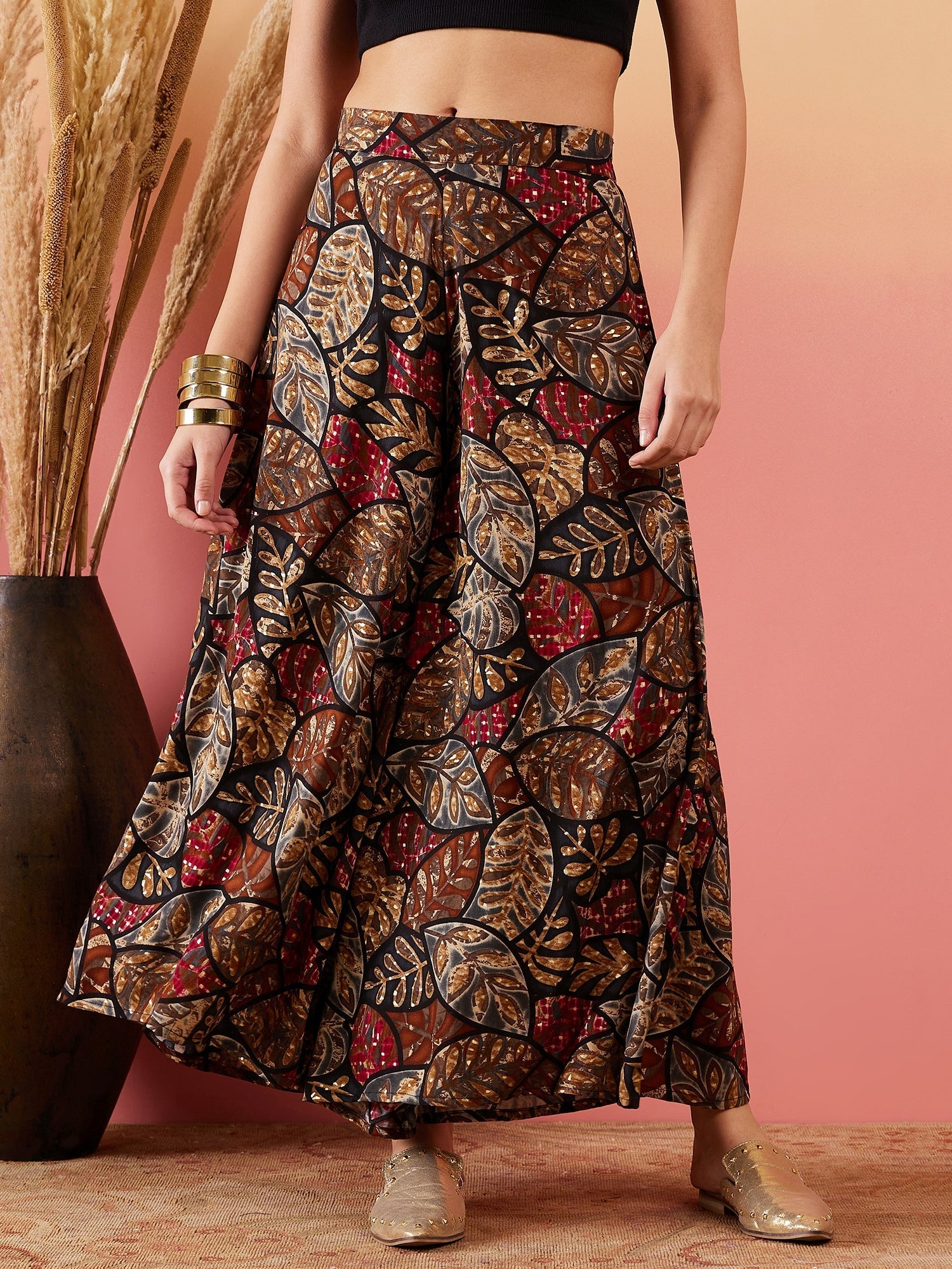 InWeave Black Grey Leaf Print Foil Palazzo