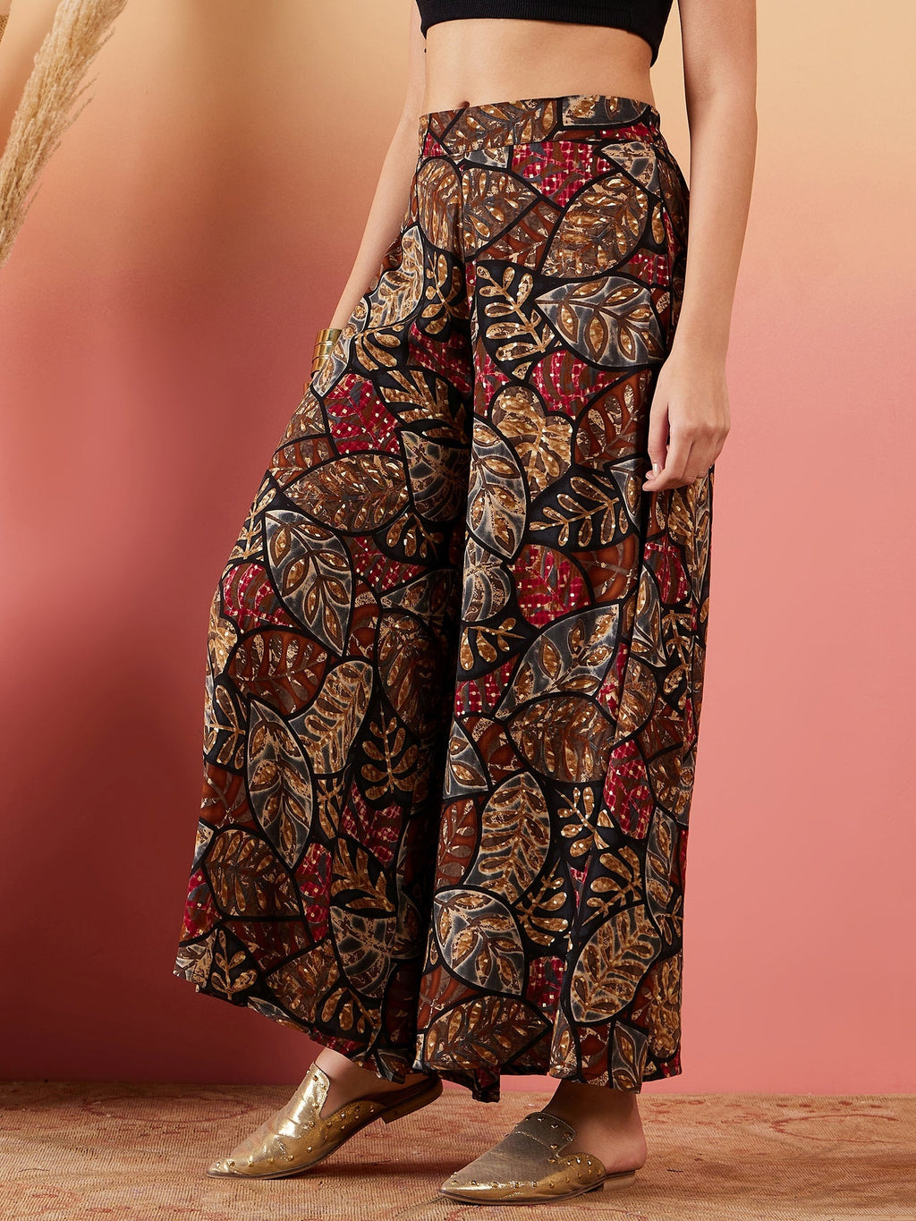 InWeave Black Grey Leaf Print Foil Palazzo