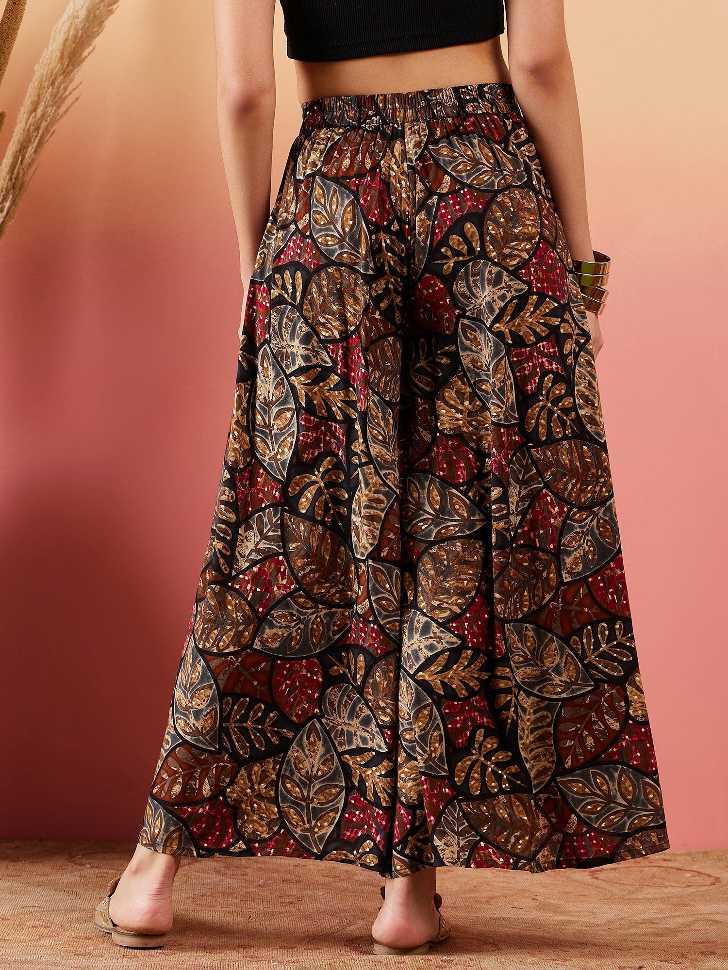 InWeave Black Grey Leaf Print Foil Palazzo