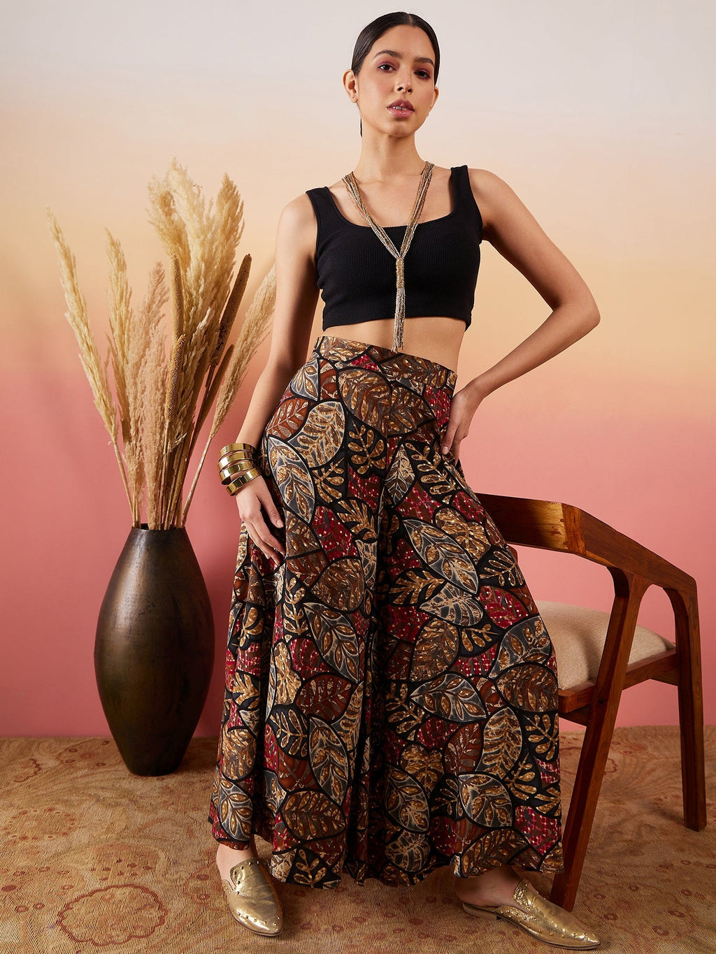 InWeave Black Grey Leaf Print Foil Palazzo