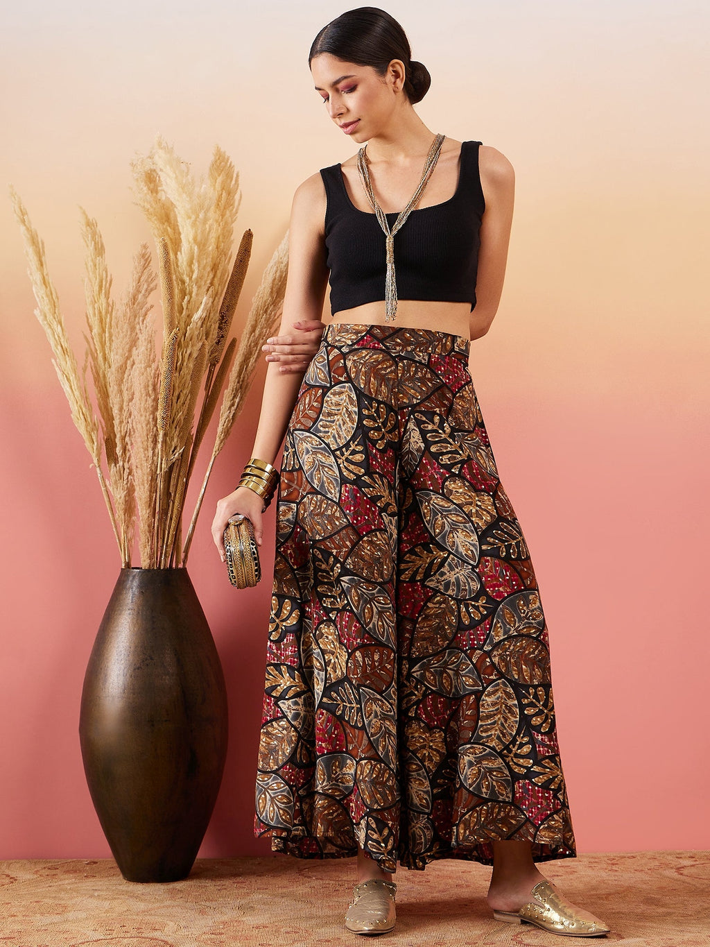 InWeave Black Grey Leaf Print Foil Palazzo
