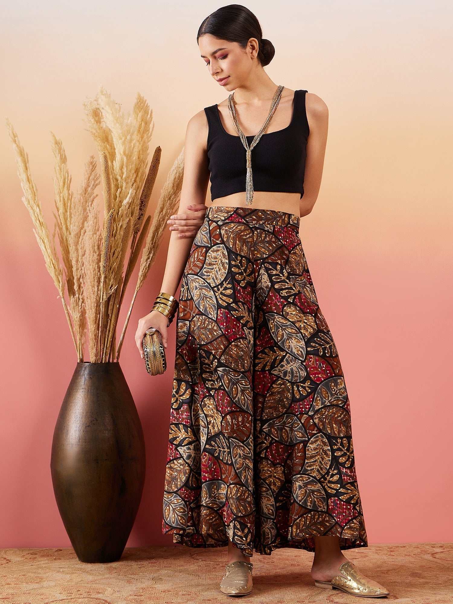 InWeave Black Grey Leaf Print Foil Palazzo