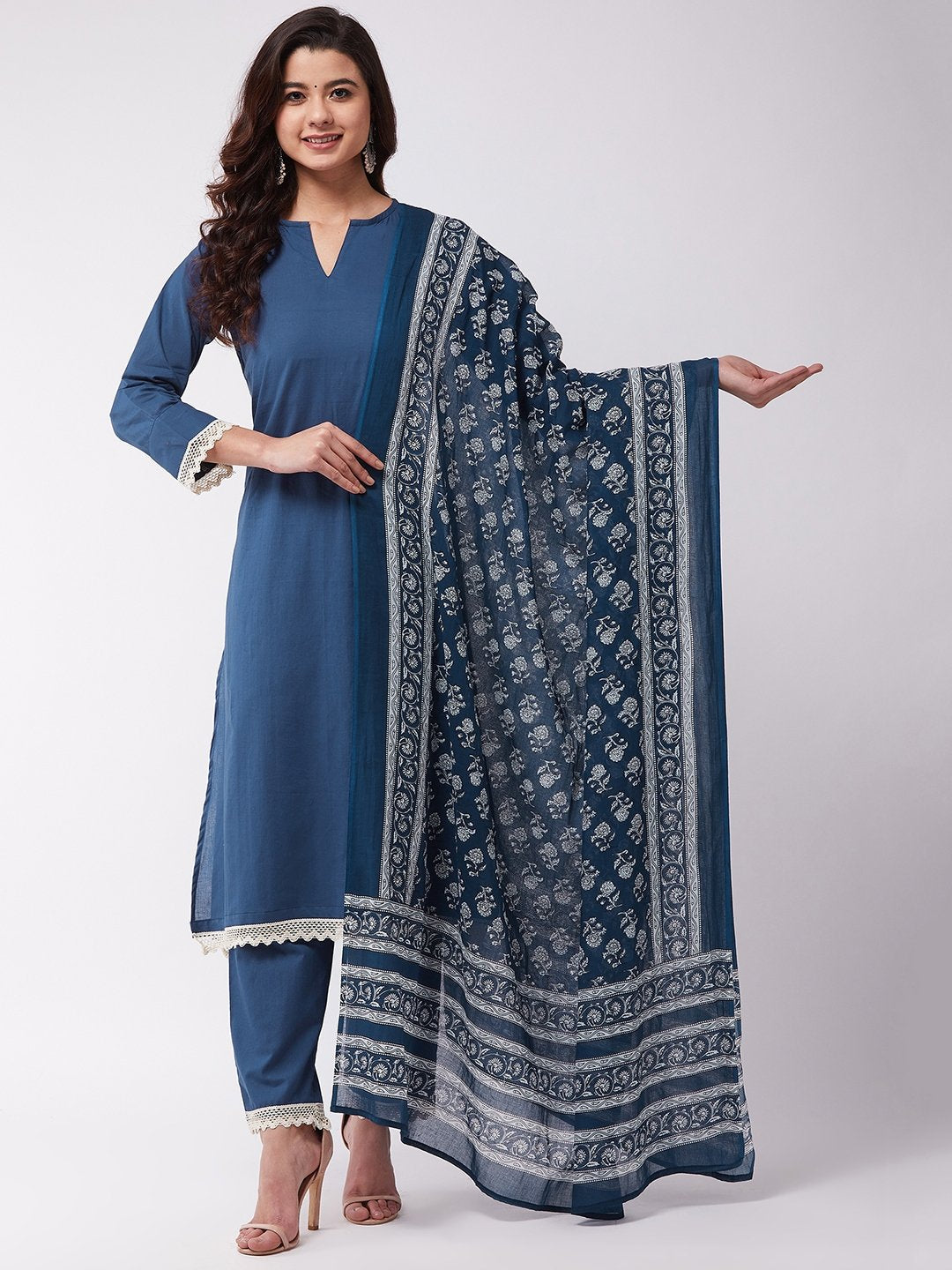 InWeave Blue Floral Cotton Dupattas