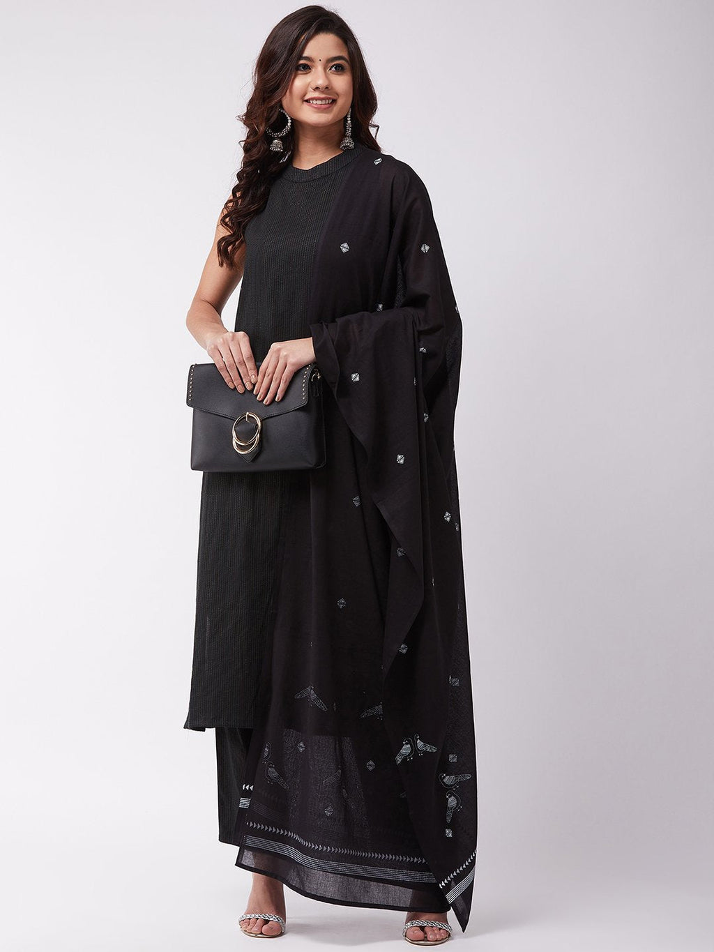 InWeave Black Bird Print Cotton Dupattas
