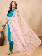InWeave White Peach Floral Print Organza Dupatta