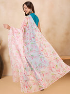 InWeave White Peach Floral Print Organza Dupatta