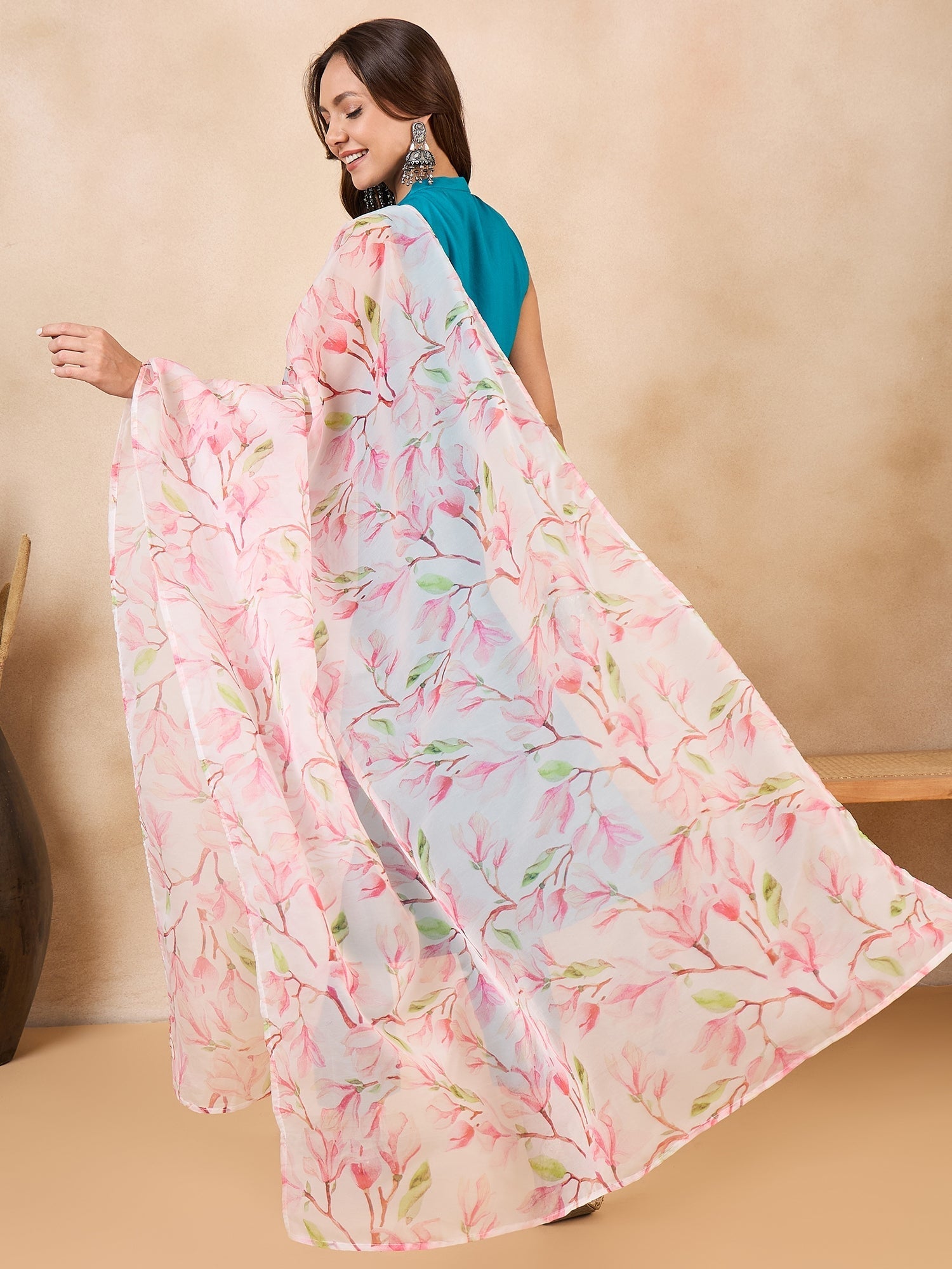 InWeave White Peach Floral Print Organza Dupatta
