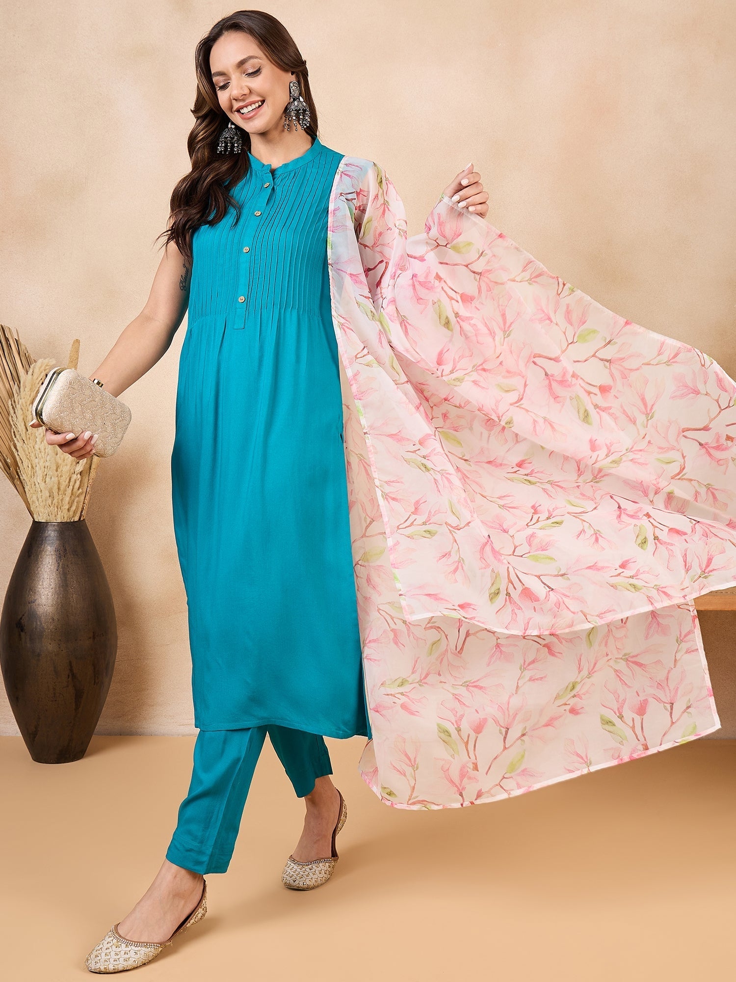 InWeave White Peach Floral Print Organza Dupatta