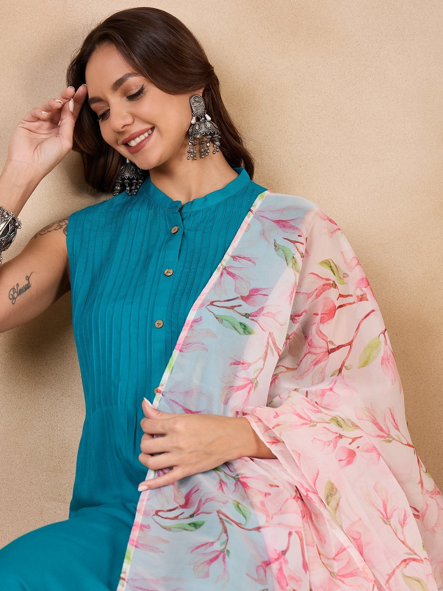 InWeave White Peach Floral Print Organza Dupatta