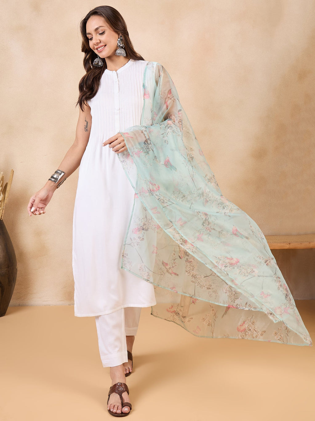 InWeave Teal Bird Print Organza Dupatta