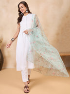 InWeave Teal Bird Print Organza Dupatta