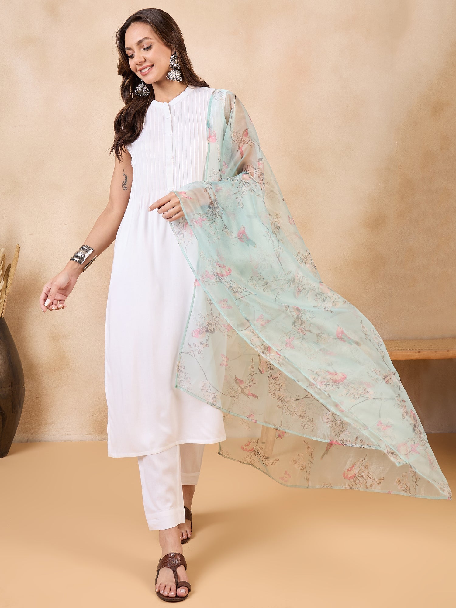 InWeave Teal Bird Print Organza Dupatta