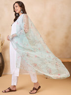 InWeave Teal Bird Print Organza Dupatta