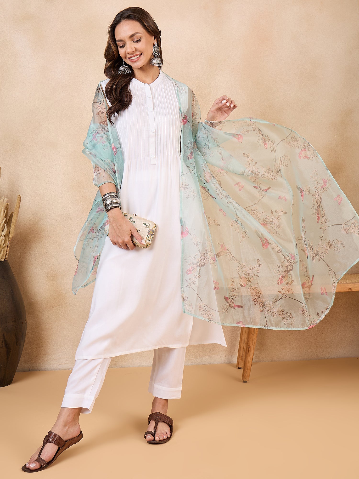 InWeave Teal Bird Print Organza Dupatta