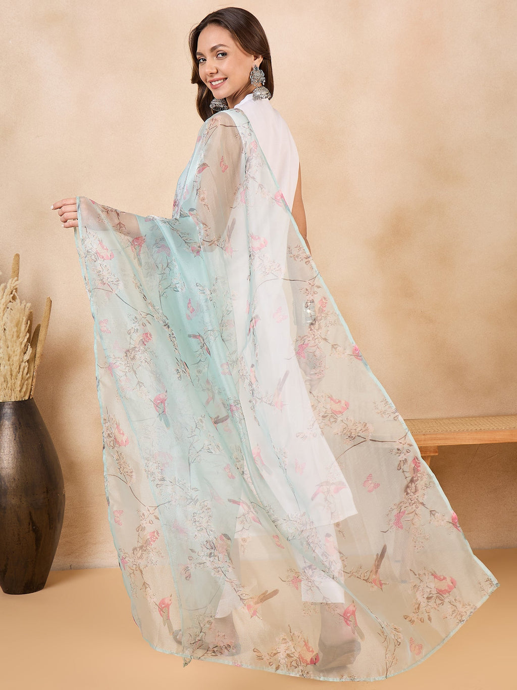 InWeave Teal Bird Print Organza Dupatta