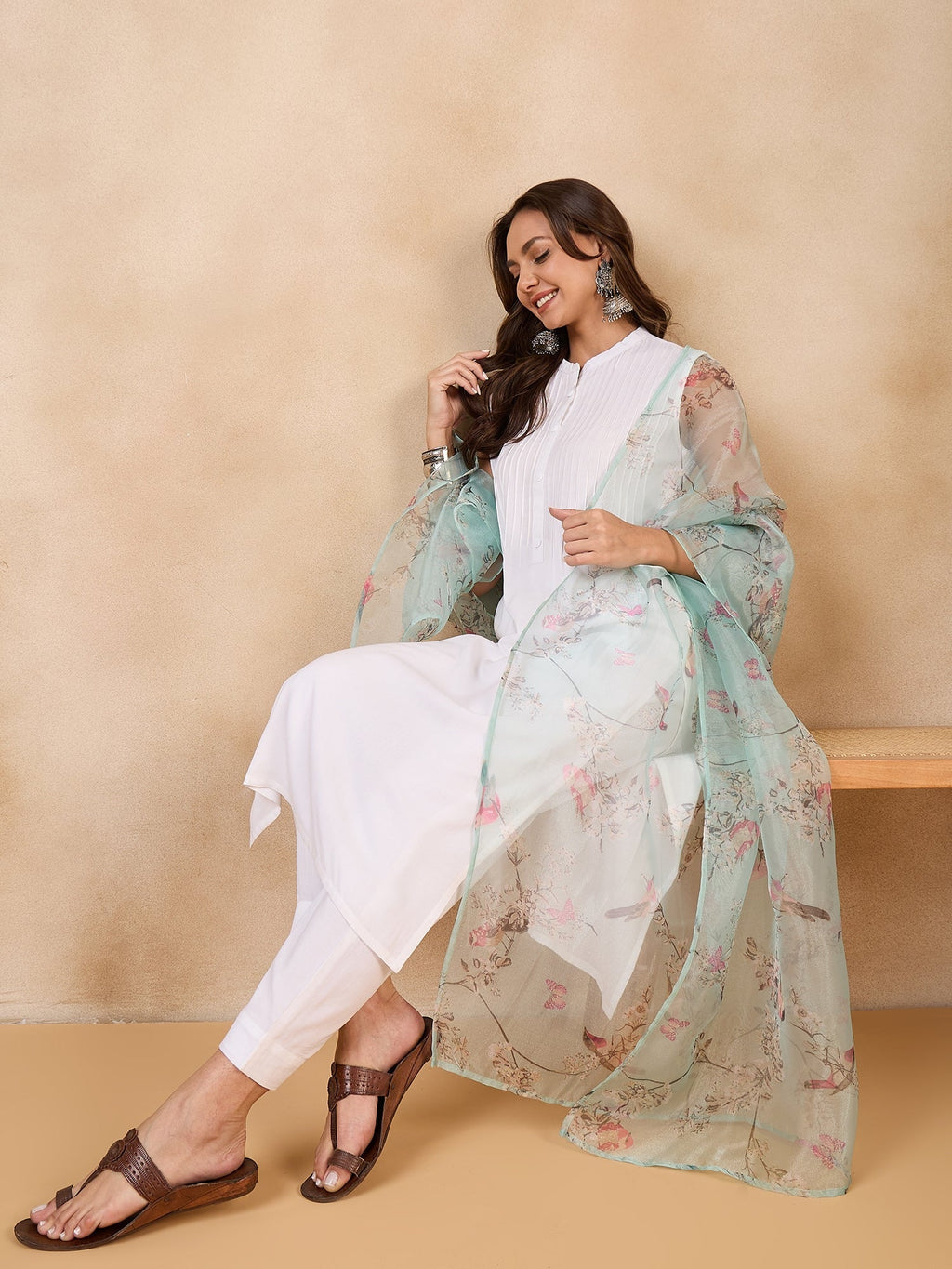 InWeave Teal Bird Print Organza Dupatta