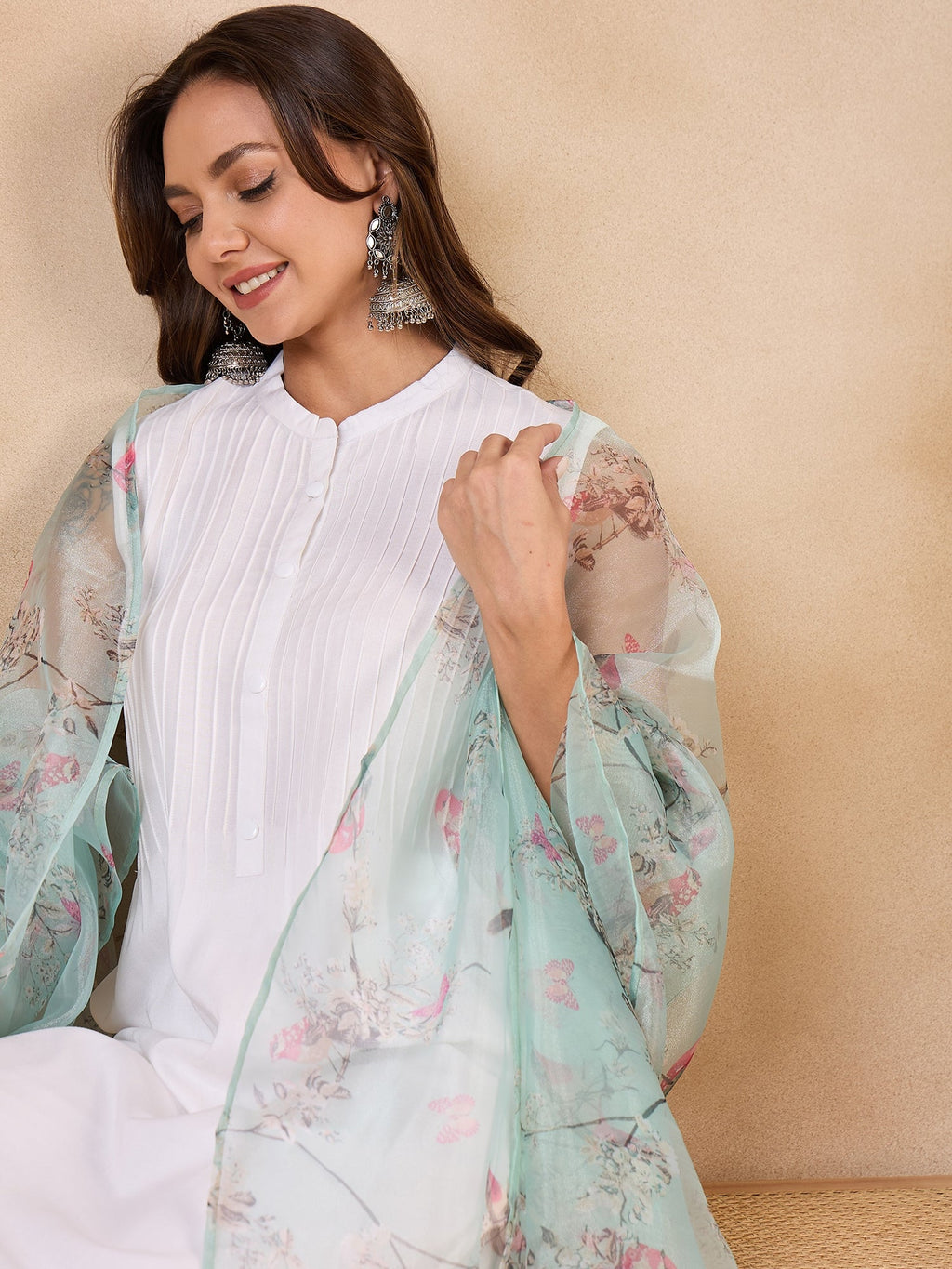 InWeave Teal Bird Print Organza Dupatta