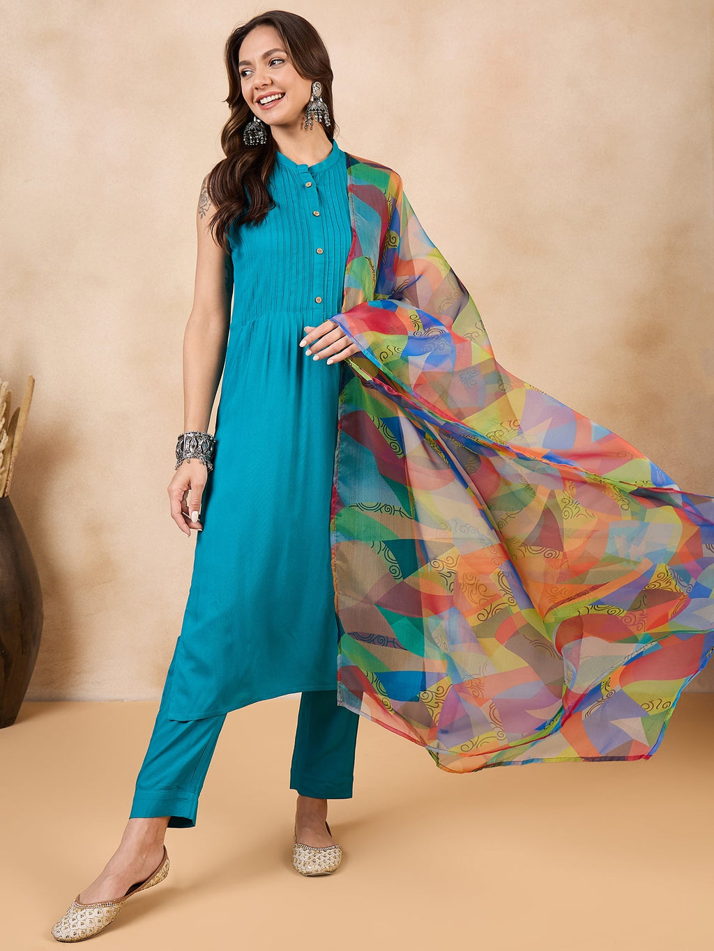 InWeave Green Big Abstract Print Organza Dupatta
