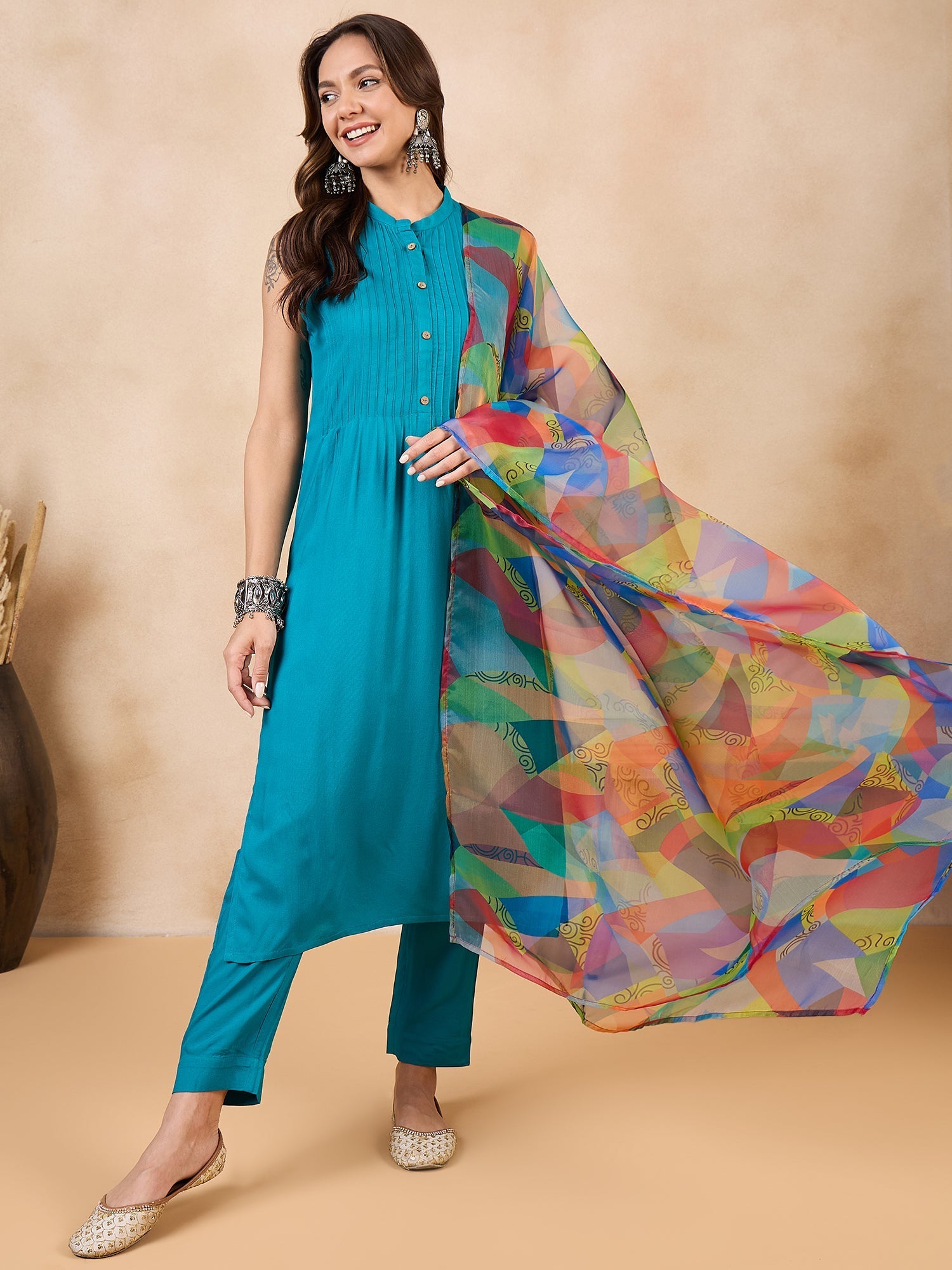 InWeave Green Big Abstract Print Organza Dupatta
