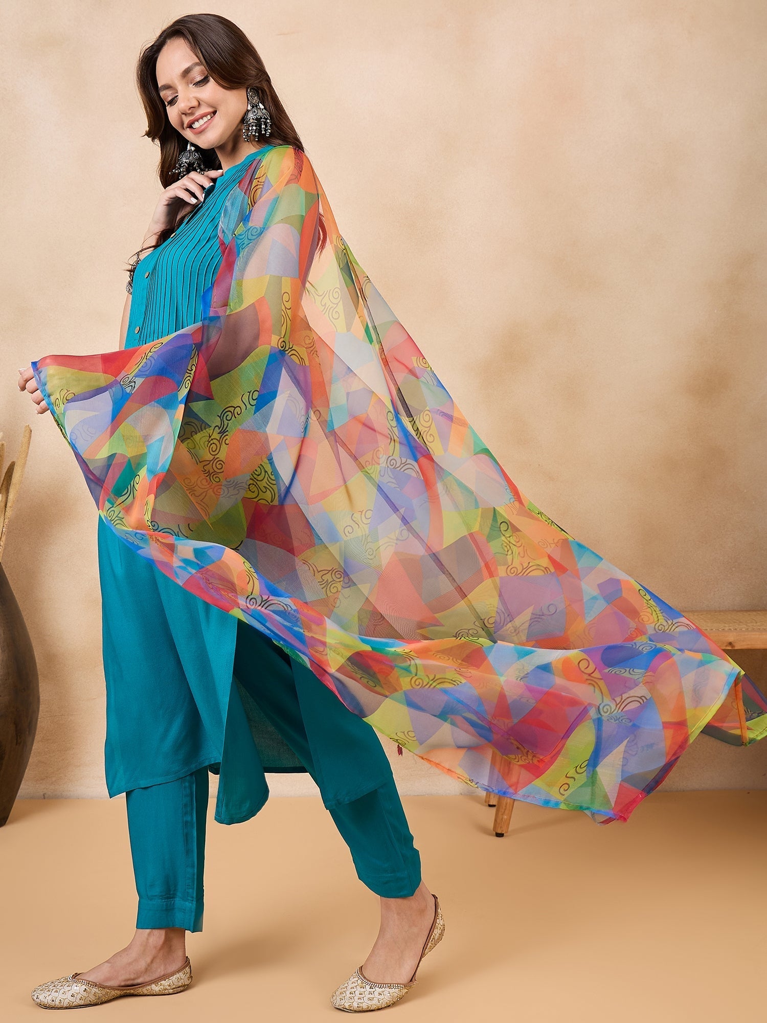 InWeave Green Big Abstract Print Organza Dupatta
